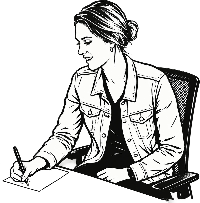 Ink illustration of Brittany smiling as she writes notes at a desk